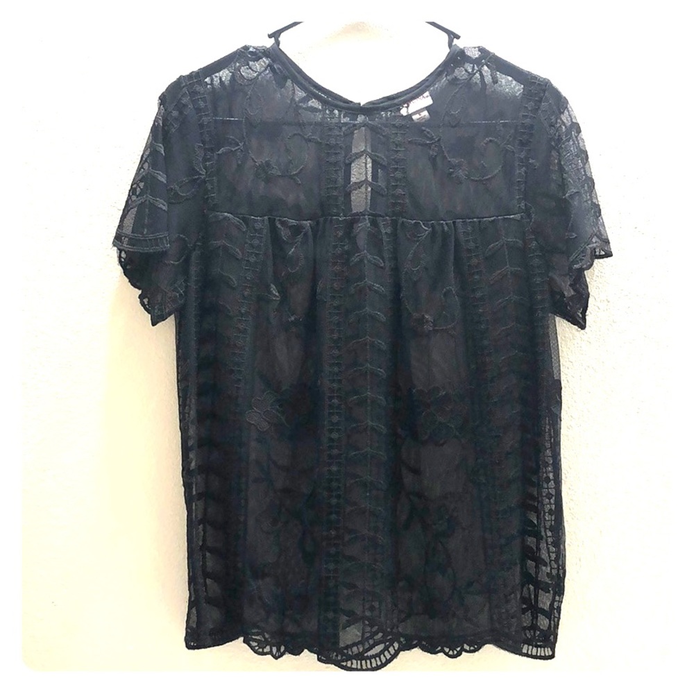 Black sheer lace embroidered top